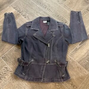 Harley-Davidson Moto Jacket Denim Biker Full Zip Buckle Accents Gray‎